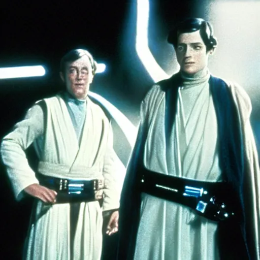 Image similar to film still of young alec guiness and young sebastian shaw as jedis in new star wars movie, dramatic lighting, highley detailled face, kodak film, wide angle shot, photorealistic