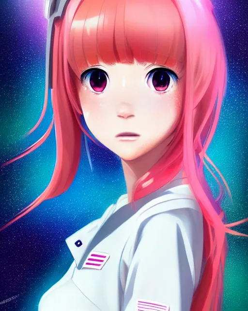 Prompt: portrait Anime space cadet girl Anna Lee Fisher anime cute-fine-face, pretty face, realistic shaded Perfect face, fine details. Anime. realistic shaded lighting by Ilya Kuvshinov Giuseppe Dangelico Pino and Michael Garmash and Rob Rey, IAMAG premiere, aaaa achievement collection, elegant freckles, pink hair, neon hologram, fabulous, daily deviation, annual award winner