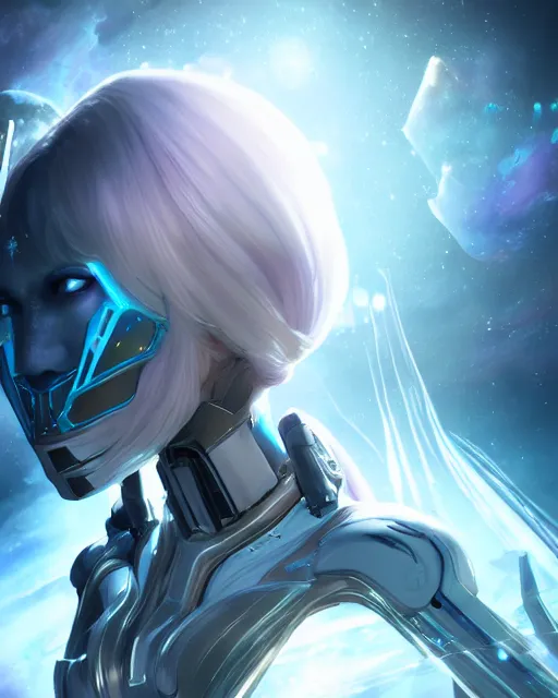 Image similar to perfect android girl on a mothership, warframe armor, beautiful face, scifi, futuristic, galaxy, nebula, raytracing, dreamy, long white hair, blue cyborg eyes, sharp focus, cinematic lighting, highly detailed, artstation, divine, by gauthier leblanc, kazuya takahashi, huifeng huang