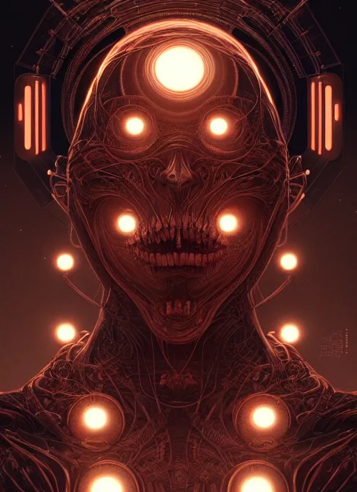 Image similar to symmetry!! portrait of grotesque alien, sci - fi!!, glowing lights!!, intricate, elegant, dark design, highly detailed, dark lighting, digital art, digital painting, artstation, sharp focus, illustration, art by artgerm and h r giger and greg rutkowski and alphonse mucha, 8 k