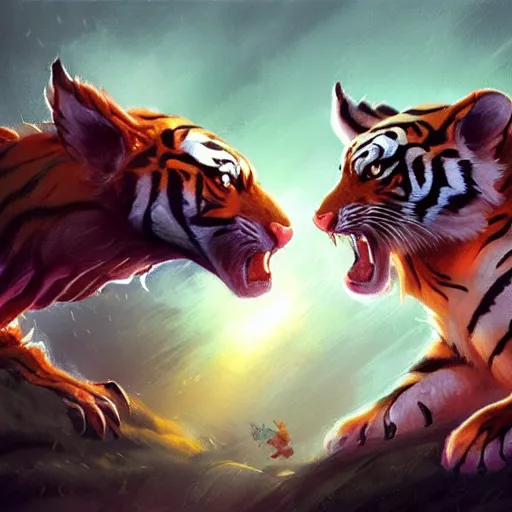 Image similar to Mouse/tiger, ferocious, angry, biting, magic the gathering artwork, D&D, fantasy, cinematic lighting, centered, symmetrical, highly detailed, digital painting, artstation, concept art, smooth, sharp focus, illustration, volumetric lighting, epic Composition, 8k, art by Akihiko Yoshida and Greg Rutkowski and Craig Mullins, oil painting, cgsociety