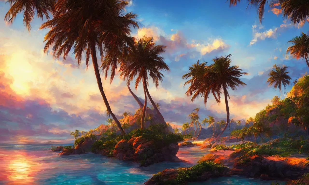 Prompt: Beautiful magical palm beach. Magical summer palm beach, trending on artstation, 50mm, by Noah Bradley