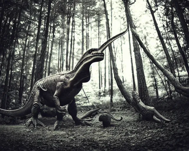 Image similar to hyper realistic vintage photograph of a real dinosaur in a forest, ultra detailed, grain, old, monochrome, sepia toned, realistic lighting, wide angle