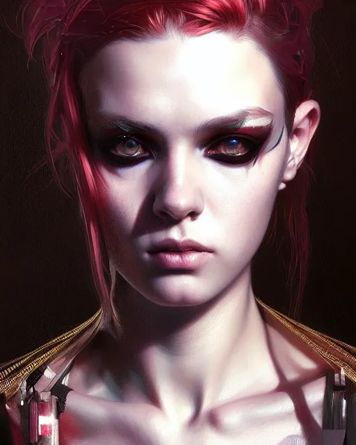 Image similar to beautiful female punk, portrait, cyberpunk, symmetry, ultra detailed, elegant, intricate, dynamic lighting, hyperrealism, digital art, digital painting, artstation, wlop, sharp focus, illustration, art by artgerm and greg rutkowski and alphonse mucha, 8 k