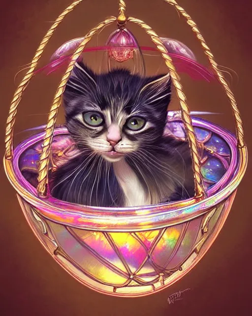 Prompt: cute kitten inside an ornate flying balloon basket of iridescent liquid, alchemy, shiny plastic, intricate, bloom, detailed, volumetric lighting, sharp focus, photorealism, digital painting, highly detailed, concept art, by by artgerm and wlop
