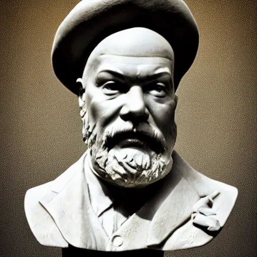 Image similar to super realistic man with pot on his head, Lenin's bust, high quality, photomodel