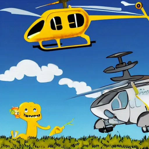 Image similar to macaroni and cheese monster attacking a helicopter. Still from a big budget action movie.