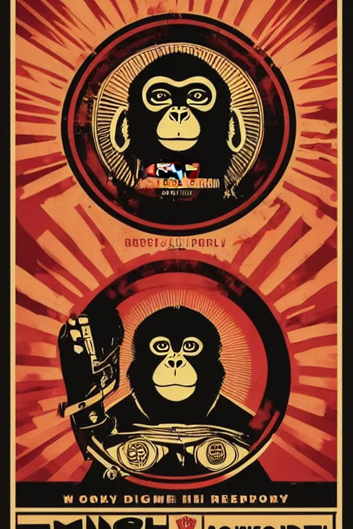 Image similar to Shepard Fairey poster of monkey , color, high resolution.