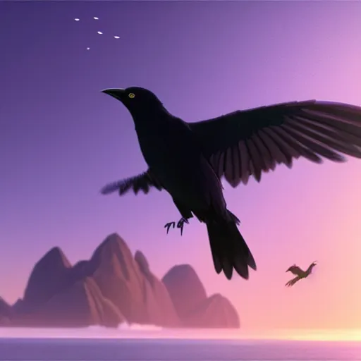 Prompt: a wholesome animation key shot of a crow flying towards an island in the night, medium shot, studio ghibli, pixar and disney animation, sharp, rendered in unreal engine 5, anime key art by greg rutkowski, bloom, dramatic lighting