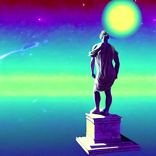 Image similar to 3 d sci - fi cgartist double exposure rendering of a hyper realistic marble greek statuary bust floating in space, at the vast pulsating interdimensional fractal space portal at the psychedelic vaporwave ombre event horizon by chris moore, by edward hopper, by col price, trending on artstation