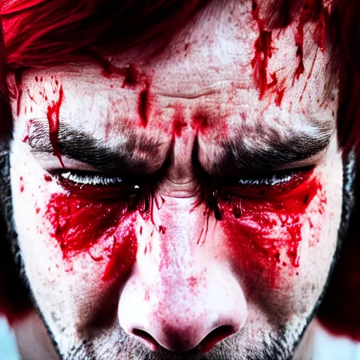 Image similar to Portrait of a crying man with tears of blood with red hair, 50 mm, hyper-realistic, 8K HDR.