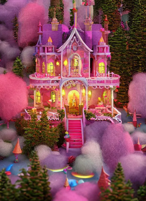 Image similar to Magical enchanted house on a candy biome full of candys, cotton candy trees, cinematic shot, intricate, ornate, photorealistic, ultra detailed, realistic, 100mm, photography, octane, high definition, depth of field, bokeh, 8k, artstation