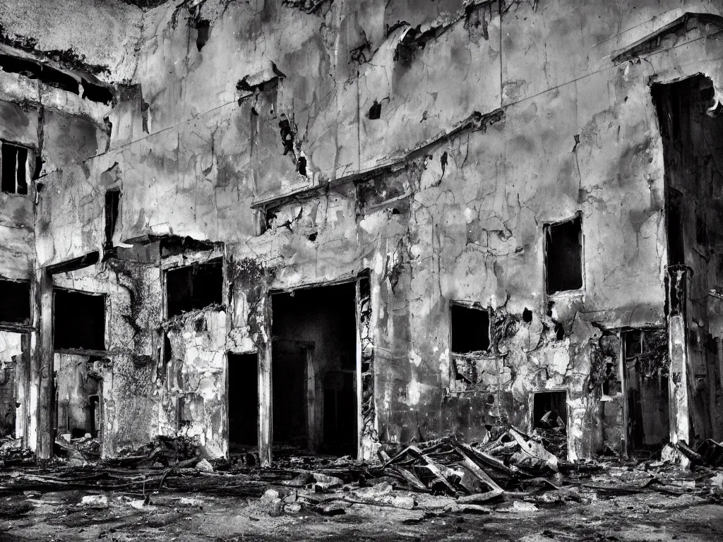 Image similar to old building, half of it is destroyed and burnt!, no fire, no smoke, black burnt ruins, photography, realism, dslr photo, 8 k, journalism