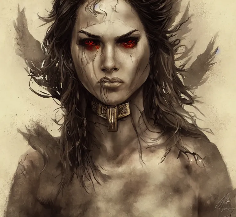 Prompt: a rugged female warrior in the style of tom bagshaw