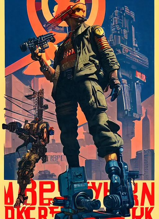 Image similar to american propaganda poster. cyberpunk blackops mercenary. portrait by jean giraud and anton otto fischer and john philip falter and will eisner and gil elvgren and pixar. realistic proportions. character art. science fiction d & d. overwatch, rb 6 s, cyberpunk 2 0 7 7, blade runner 2 0 4 9.