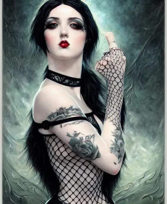 Image similar to two beautiful pale skin cosplay girls, gray eyes, black hair, fully tattooed body, fishnet corset with choker, symmetrical, beautiful detailed face, masterpiece, paint by karol bak