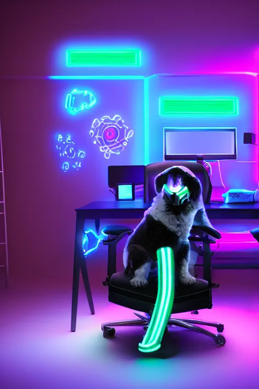 Prompt: a young male gamer sitting in gaming chair wearing a hoodie + neon rgb light strips, large computer monitor, space themed walls, cute bernedoodle puppy sitting at his feet, 4 k, award winning, octane render, volumetric lighting
