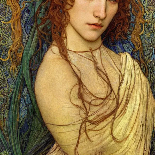 Image similar to detailed realistic beautiful young medieval queen face portrait by jean delville, alphonse mucha, vincent van gogh, and marco mazzoni, art nouveau, symbolist, visionary, gothic, pre - raphaelite