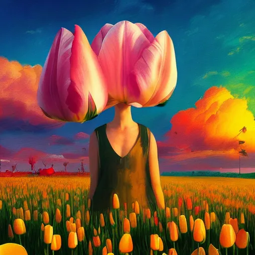 Image similar to girl with a giant tulip head, surreal photography, flower field, sunset dramatic light, impressionist painting, colorful clouds, blue sky, digital painting, artstation, simon stalenhag