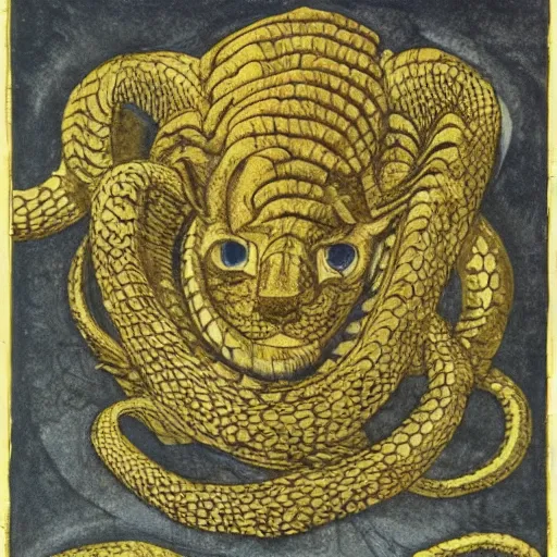 Image similar to the scaly maned serpentine lion-faced demiurge aquatint giotto