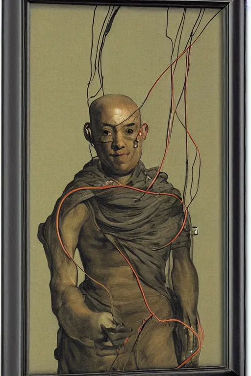 Image similar to a cyborg monk with cables and wires attached to his face by francisco goya