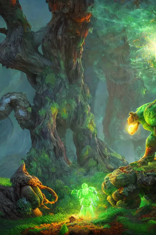 Image similar to arcane fantasy art giant golem elemental wood rock bastion forged gemstone enchanted forest troll, global illumination ray tracing hdr fanart arstation by sung choi and eric pfeiffer and gabriel garza and casper konefal lisa frank zbrush central hardmesh radiating a glowing aura