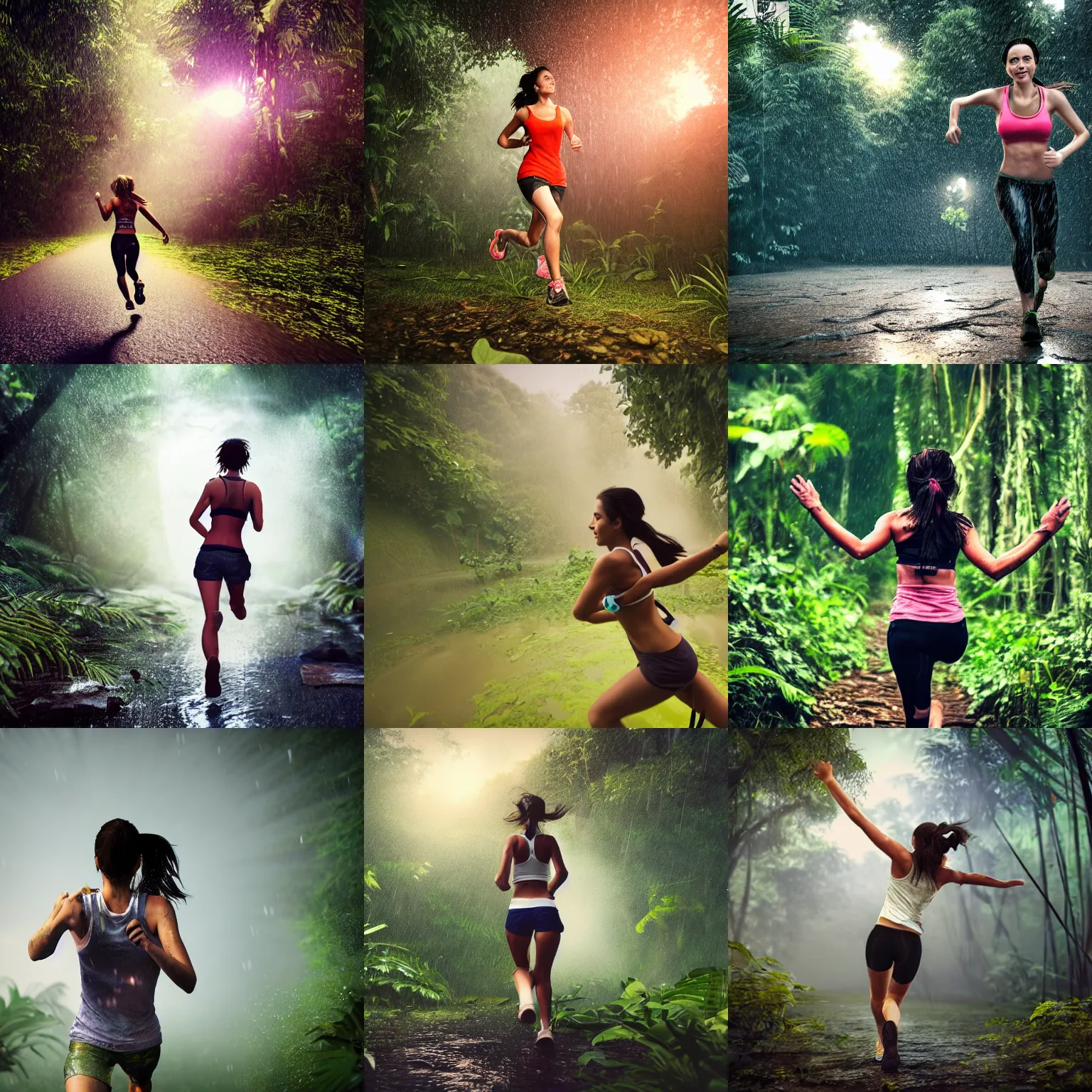 Prompt: adventure girl runs toward camera in jungle rain, soaking white!!!! tshirt tied in knot, torn!! clothing, short dark hair, sweaty abs, sunset, hyperrealistic, unreal engine 5, detailed render, atmospheric haze, dim natural evening lighting, mid distance