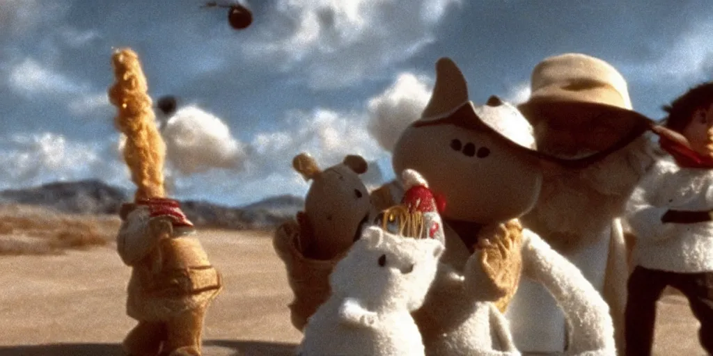 Prompt: moomin character in the tarantino action movie, still photo in the style of tony scott, action
