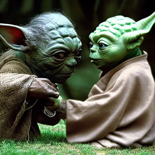 Image similar to a civilization of members of Yoda's species interacting with eachother on their home planet, award winning national geographic photo