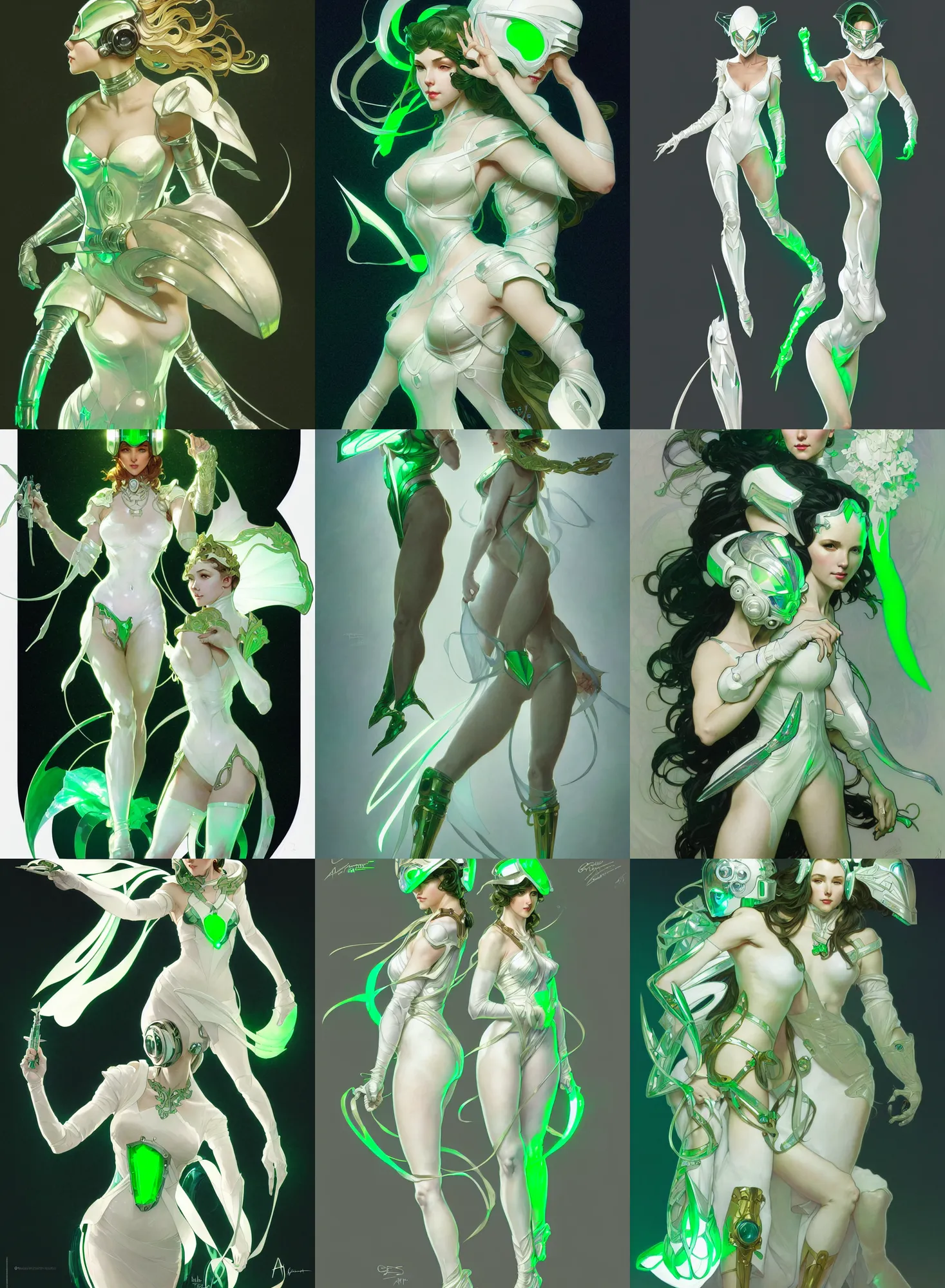 Prompt: a full body character design by artgerm, greg rutkowski and alphonse mucha. sci - fi dagger. white and green translucent plastic tape project show attctive showgirl!! sci - fi helmet!! sharp edges. contour light effect!!. ultra detailed, elegant, intricate, octane render.