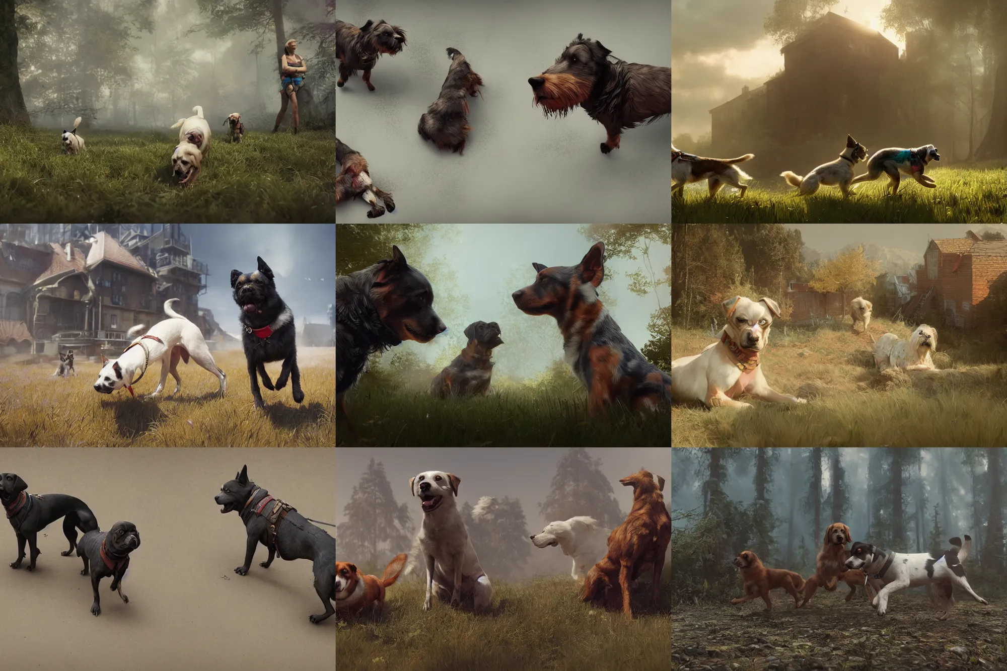 Prompt: dogs on molly, 3d scene, render, ultra realistic, zenith view, Greg Rutkowski, artstation, cgsociety, level design, unreal engine, 3d scene, render, ultra realistic, Enki Bilal style