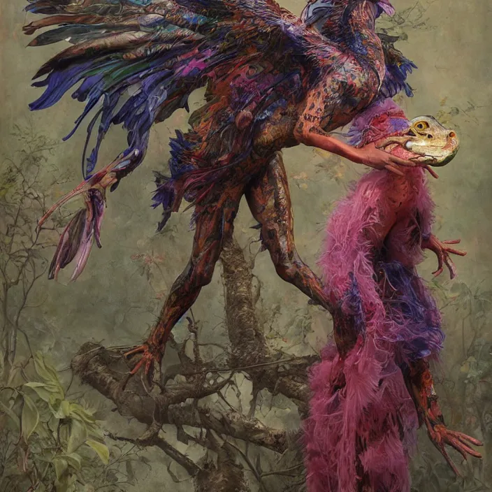 Prompt: a fashion editorial of sadie sinkas a brightly colored eagle amphibian hybrid with wet translucent mutated skin. wearing a mutated organic dress. by tom bagshaw, donato giancola, hans holbein, walton ford, gaston bussiere, peter mohrbacher, brian froud and iris van herpen. 8 k, cgsociety