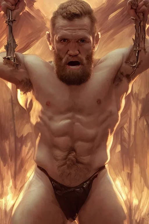 Image similar to crucified hulking herculean ogre conor mcgregor, masterpiece, intricate, elegant, highly detailed, digital painting, artstation, concept art, smooth, sharp focus, illustration, art by artgerm and greg rutkowski and alphonse mucha and uang guangjian and gil elvgren and sachin teng, symmetry!!