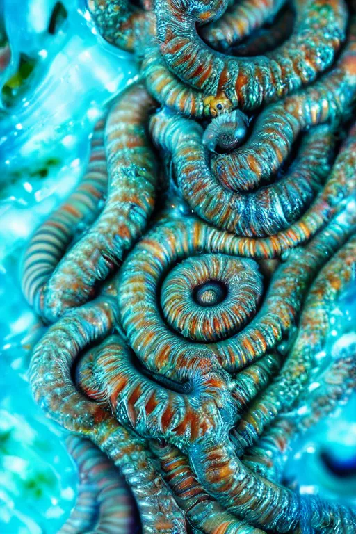 Image similar to high quality macro photo mecha gelatinous worms! gorgeous highly detailed hannah yata elson peter cinematic turquoise lighting high quality low angle hd 8k sharp shallow depth of field