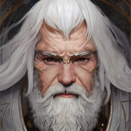 Prompt: elderly male archmage, white and gold robes, white beard, D&D, fantasy, intricate, elegant, highly detailed, digital painting, artstation, concept art, smooth, sharp focus, illustration, art by artgerm and greg rutkowski and alphonse mucha