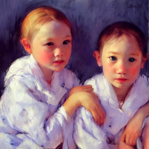 Prompt: pure love is patient love is kind ; photorealistic oil painting by mary cassatt ; highly detailed cute faces by wlop ; trending on artstation ; 8 k high resolution, symmetrical, cinematic, high coherence, golden ratio, rule of thirds, perfectly centered ; anatomically correct faces