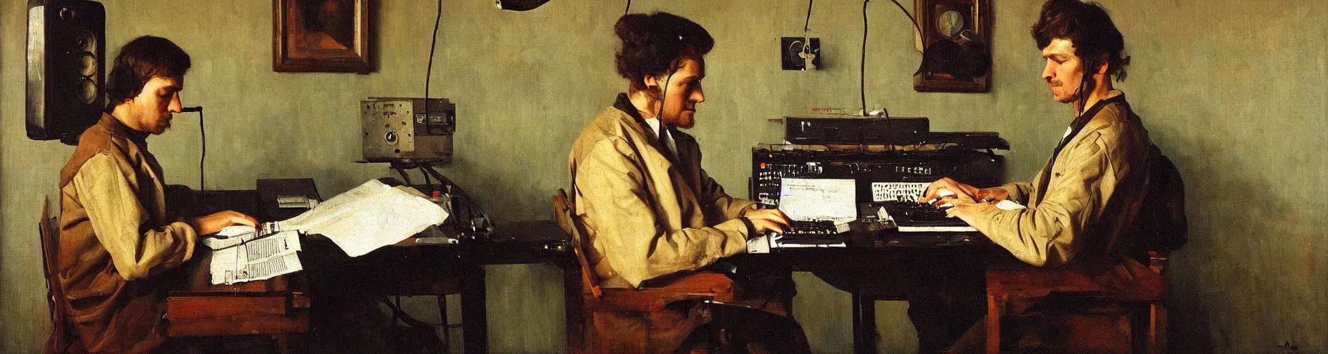 Image similar to alexander zembatov typing source code for radiostation at prima by repin, portrait, oil on canvas