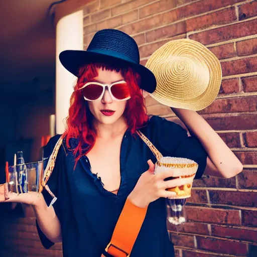 Prompt: DJ at a party, DJ is a young red headed woman and is wearing a straw hat and a fanny pack, beautiful, artistic, wearing a belt bag, bum bag, wide straw hat, DJ woman
