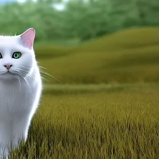 Image similar to a white cat with green eyes standing in a field, unreal engine, detailed