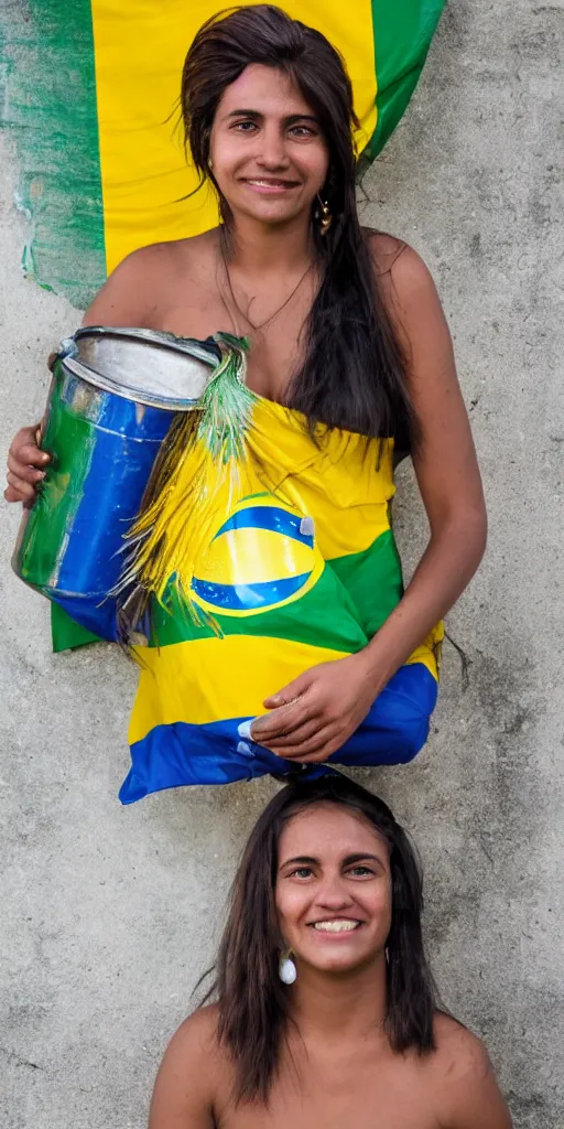 Prompt: portrait of a brazilian woman with the brazil flag wrapped in her hair and holding a bucket with water, professional photography, sunny day