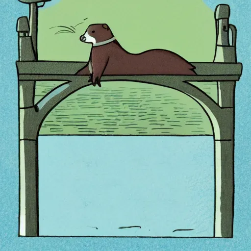 Prompt: storybook illustration of an otter riding a bicycle over a bridge