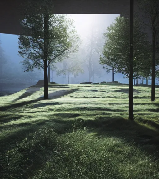 Image similar to the symmetric green cross lights in the artic, volumetric lighting, fog, majestic light, octane render, ethereal glare of the sun, hyperrealistic, epic, masterpiece, by peter zumthor, by makoto shinkai