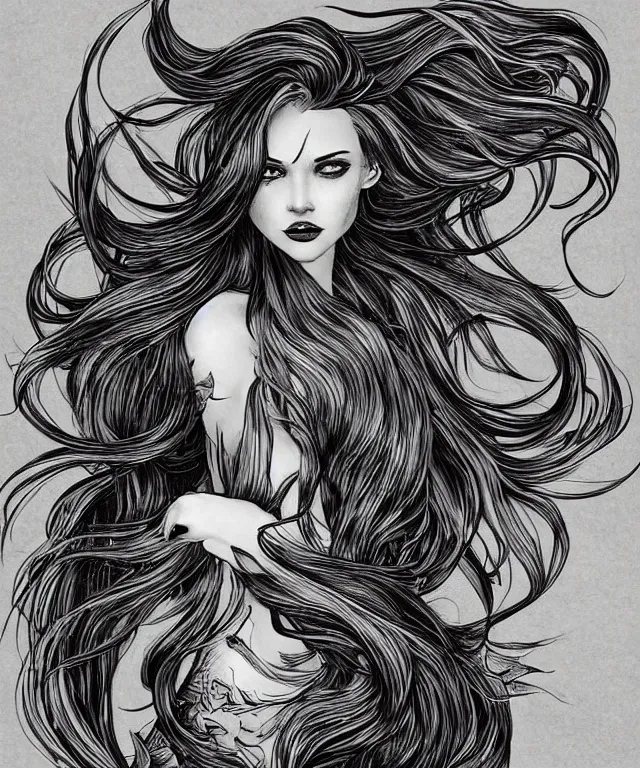 Image similar to black and white illustration, creative design, dark fantasy, beautiful mermaid with flowing hair