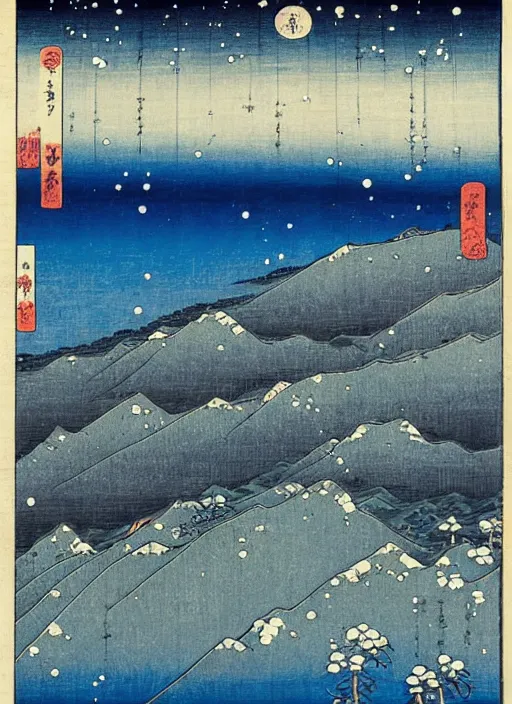 Image similar to blue roses on a mountain melting into the sky with stars of utagawa hiroshige