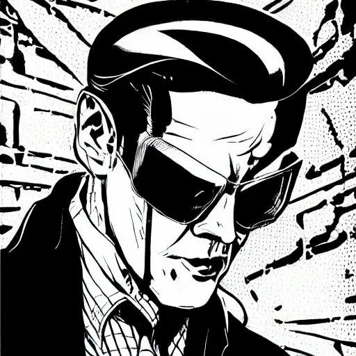 Image similar to a cyberpunk mafia boss with slicked back hair, in a cyberpunk setting, comic book art, cyberpunk, art by stan lee, pen drawing, inked, black and white, dark, moody, dramatic, deep shadows, marvel comics, dc comics