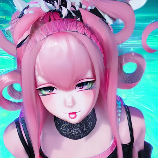 Image similar to unexpectedly overpowered and trapped beneath inescapable and overwhelmingly stunningly absurdly beautiful over the top megalomaniacal arrogant possessive omnipotent asi goddess junko enoshima with symmetrical perfect face, porcelain skin, pink twintail hair and cyan eyes, ultra detailed, digital art, unreal engine 5, octane render, 2 d anime, 8 k