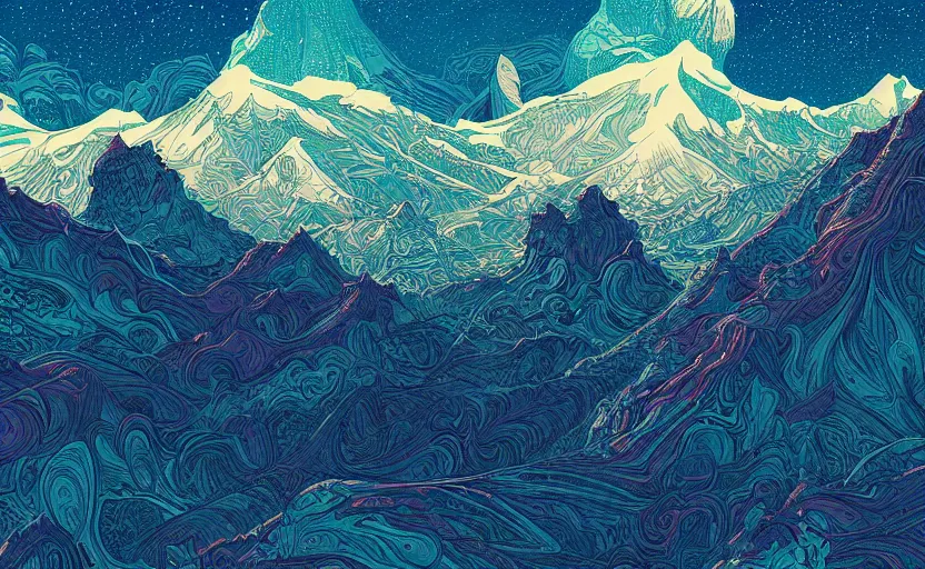 Prompt: mountains, stars and paisley filled sky, artstation, intricate, highly detailed, digital painting, concept art, sharp focus, illustration by Jean Claude Mézières and Kilian Eng