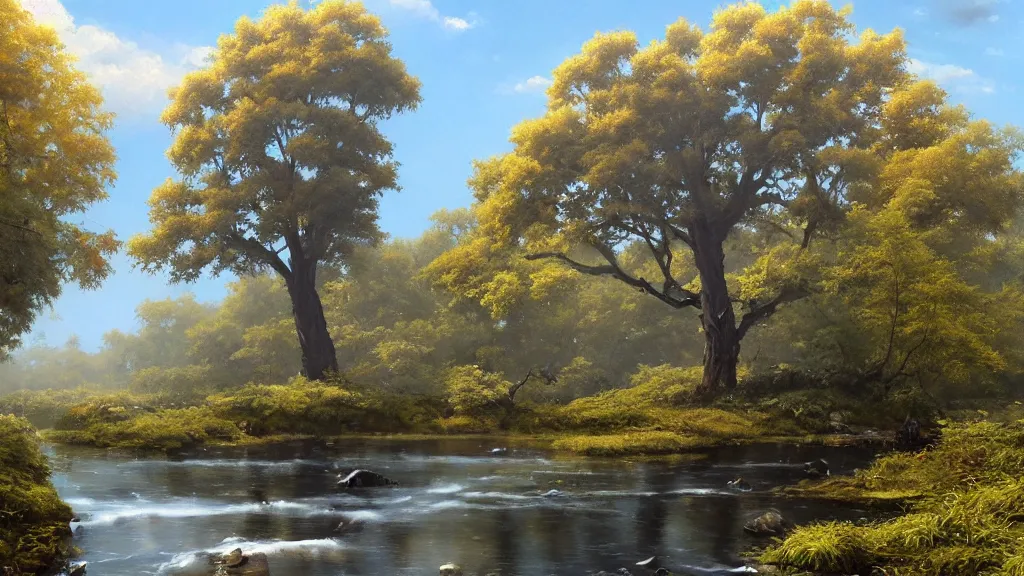 Image similar to very realistic oil painting of a single cloud tree with lots of cloud shaped leaves, A beautiful, highly detailed, masterpiece, next to a small crystal clear river, oil painting by Greg Rutkowski.