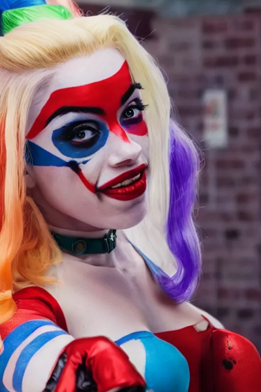 Image similar to film still of iggy azaela as Harley Quinn in Joker 2, full-shot, 4k