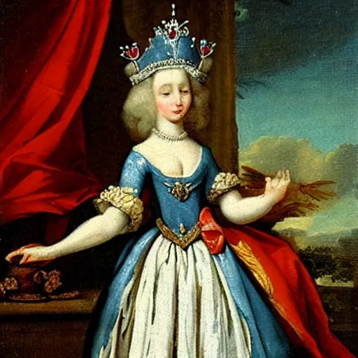 Prompt: a rabbit dressed as a queen wearing a crown, 18th century oil painting